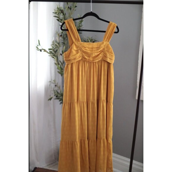 Entro Yellow ruched Tiered Midi Sun Dress flowy and fully lined Size Large - Picture 4 of 7